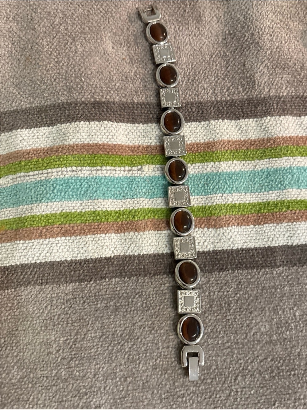 Sterling Silver Brown Cabochon & Pavé Link Bracelet - Picture 3 of 3